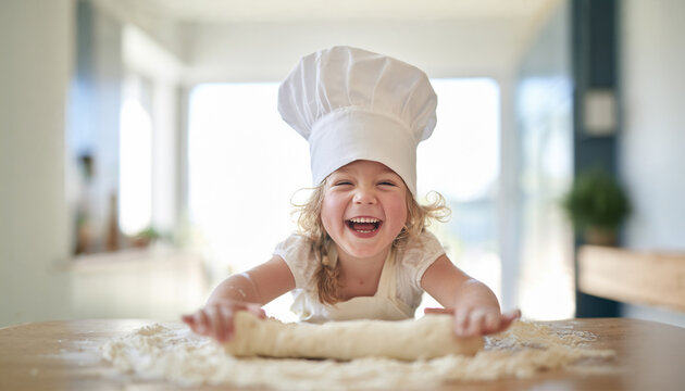 Cute laughing child baking dough in kitchen while wearing chef hat, joyful cooking activity featuring homemade baking, family fun, learning skills and happy childhood moments