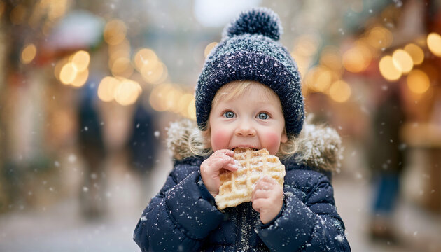 Little boy eating a waffle outdoors in winter snowfall, wearing a warm hat with festive bokeh lights in the background, cozy childhood scene filled with seasonal charm and happiness