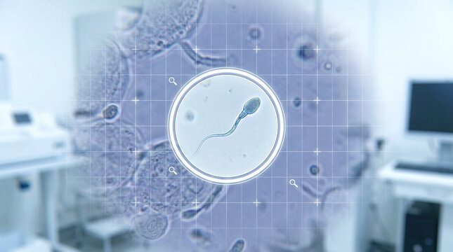 Icsi candidate sperm cell under microscope for fertility treatment and reproductive health concept in medical laboratory