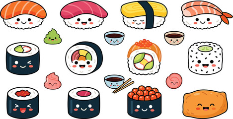 Cute Kawaii Sushi Collection Featuring Salmon Nigiri Maki Rolls Tamago Ikura and Adorable Japanese Food Characters © MdNazmul