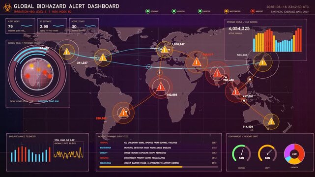 Global biohazard alert dashboard animation featuring a world pathogen trace map and epidemic curve