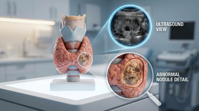 Thyroid gland thyroid nodule ultrasound medical illustration healthcare endocrine system diagnostic imaging pathology thyroid gland model clinic desk with ultrasound view and abnormal nodule