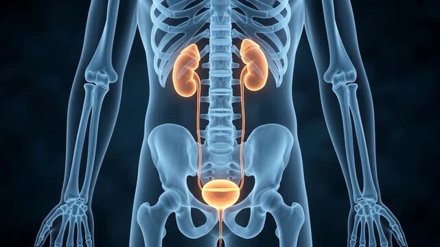 Human urinary system animation showing kidneys and bladder in 3d