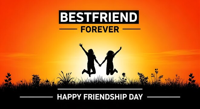 Celebrating international friendship day silhouette of jumping friends at sunset best friend forever concept