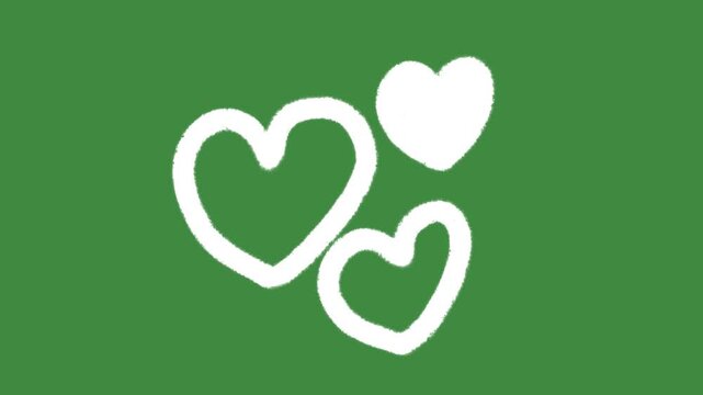 Three hearts love and care hand-drawn cartoon graphic with chalk outline multiple heart shapes icon isolated on green screen background for school classroom health and creative charity donation.