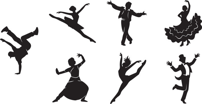 Diverse Dancers and Dance Styles Black Silhouette Icon Set Featuring Classical Ballet Modern and Folk Poses