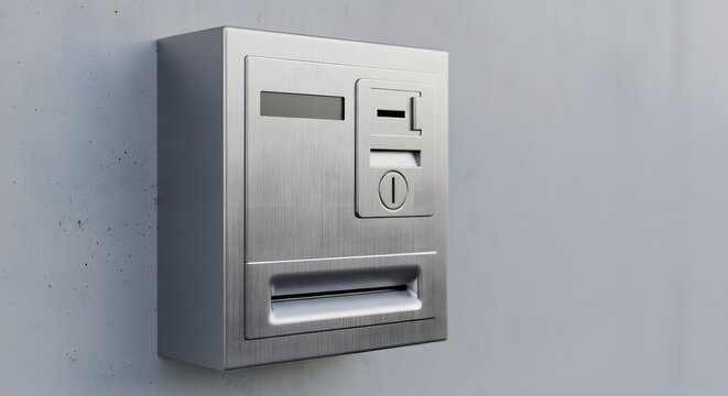 Close-up view of a generic metal coin and bill acceptor machine mounted on a wall, used for various payment systems.
