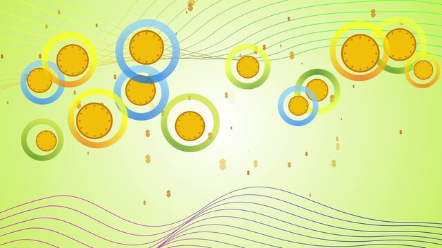 Abstract finance with floating coin icons rings and flowing lines animation