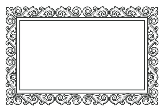 Exquisite rectangular baroque picture frame with detailed acanthus leaf scrolls, presented in a black and white woodcut style.