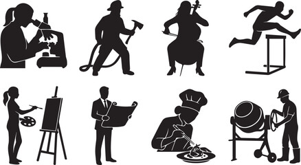 Obraz premium Diverse Professions and Occupations Black Silhouette Vector Icon Set Showcasing Careers Talents and Business Concepts