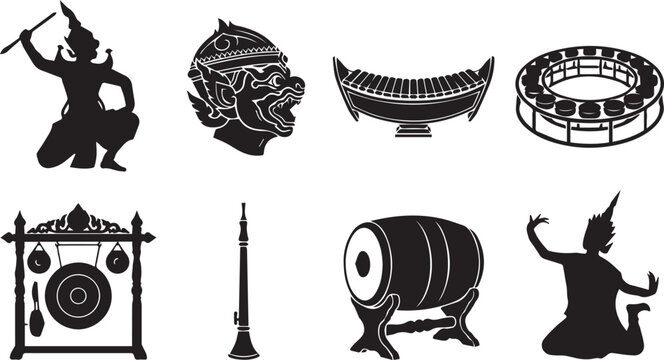 Traditional Thai Culture and Musical Instruments Black Silhouette Icon Set Representing Classical Art and Heritage Concepts