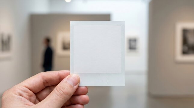 Hand holding blank instant photo frame in a blurred art gallery museum setting for creative memory and photography mockup display concept
