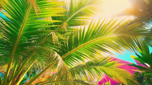 Vibrant tropical palm leaves swaying in colorful light rays