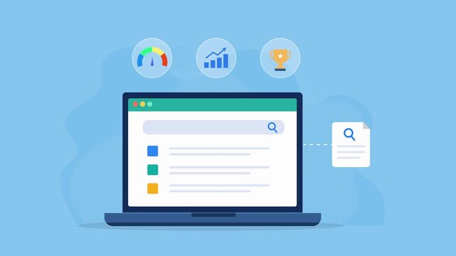 Animated flat vector dashboard on a laptop screen featuring business growth analytics, performance metrics, and innovation insights icons. Modern data-driven management and strategy concept.