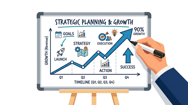 Strategic planning and growth business concept with a hand drawing a growth chart on a whiteboard