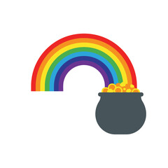 A colorful rainbow ending in a pot full of gold coins © maulana