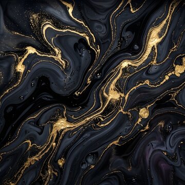 Luxury abstract dark fluid marble texture with flowing black ink and shimmering metallic 24k gold veins