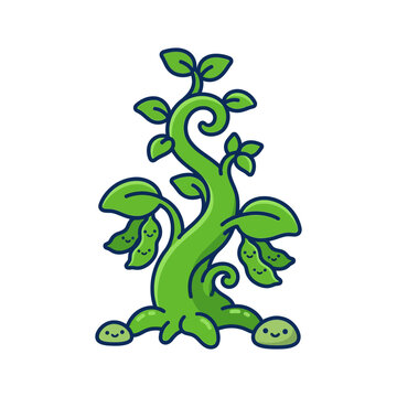 Cute cartoon illustration of a smiling green beanstalk plant