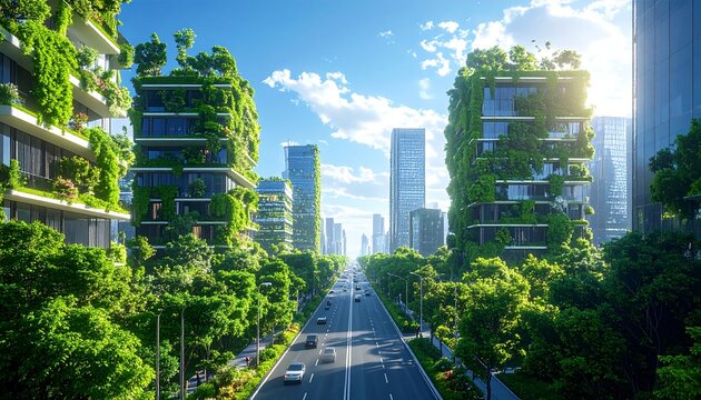 植物で覆われた高層ビルが連なる左右対称の近未来エコシティ大通り