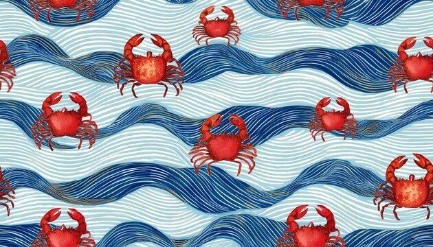 vertical striped sea seamless pattern coquette ocean waves lobster bows blue summer beach repeat background tropical wallpaper coastal print wrap paper retro fabric  textile design