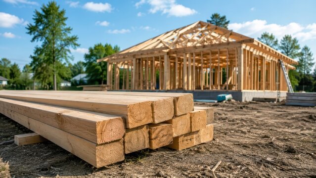 New residential construction site with wooden framework, sustainable building materials, eco-friendly housing development, energy-efficient home design, modern construction techniques, timber framing
