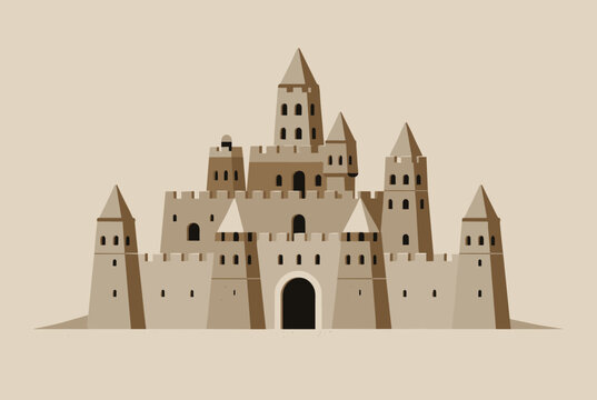 Large detailed sandcastle with multiple towers and a main arched entrance, representing fun beach summer activities.