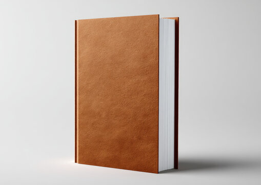 A blank, closed, hardback book with a textured brown cover stands upright