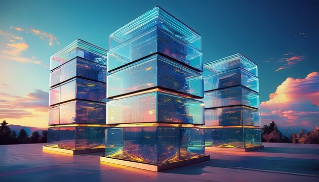 stacked modular tech towers built from translucent panels