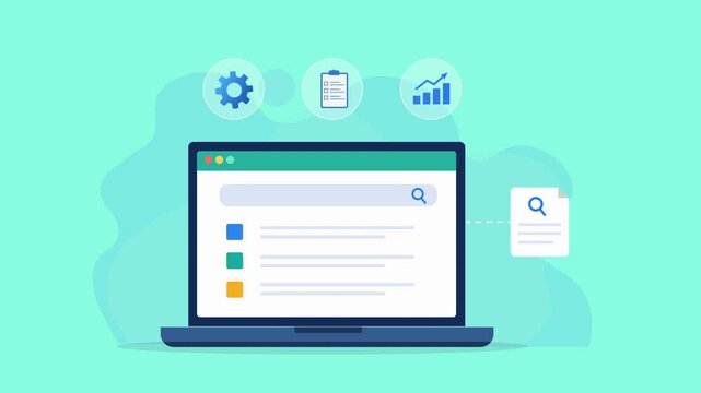 Animated flat vector dashboard on a laptop screen featuring workflow settings, task management, and performance analytics icons. Modern business productivity and process optimization concept.