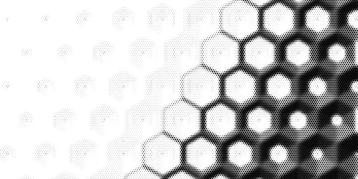 Black seamless hexagon texture. Repeated honeycomb pattern background. Geometric hexagonal halftone tech overlay backdrop. Abstract repeating hex halftone. Vector retro technology dot texure wallpaper