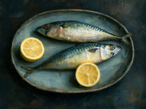 Still life a large oval plate with two mackerel and a cut lemon slice in dark shadow with strong highlights in an impressionist painterly style