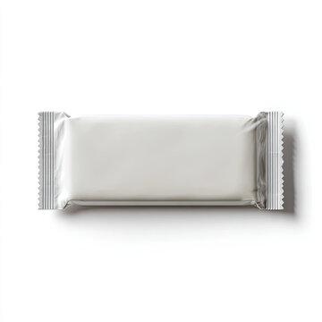 A pristine, white, individually wrapped rectangular confection on a white background