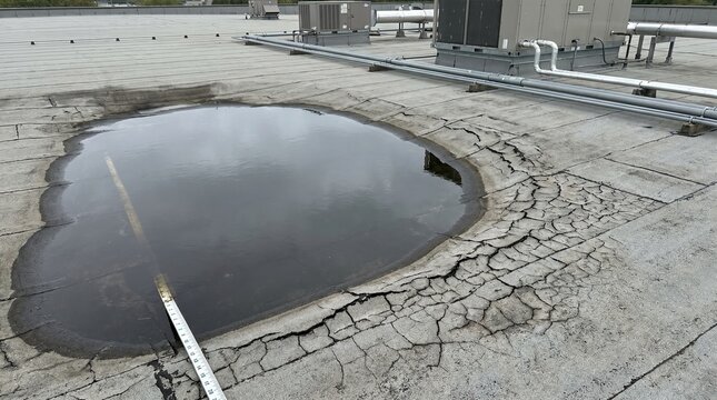Sagging commercial flat roof with ponding water and measuring rod during forensic inspection