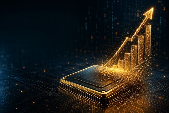 3D tech illustration of a semiconductor microchip with rising graphs dissolving into sand, depicting endless price surge and inflation uncertainty concept