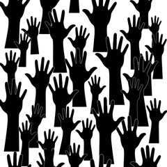 Fototapeta premium Black Silhouettes of Numerous Raised Hands Forming a Seamless Pattern Symbolizing Collective Voice, Community Participation, and Unity