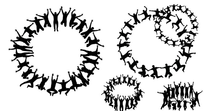 Silhouettes of happy people forming circles and celebrating, symbolizing unity and freedom in a vibrant group activity