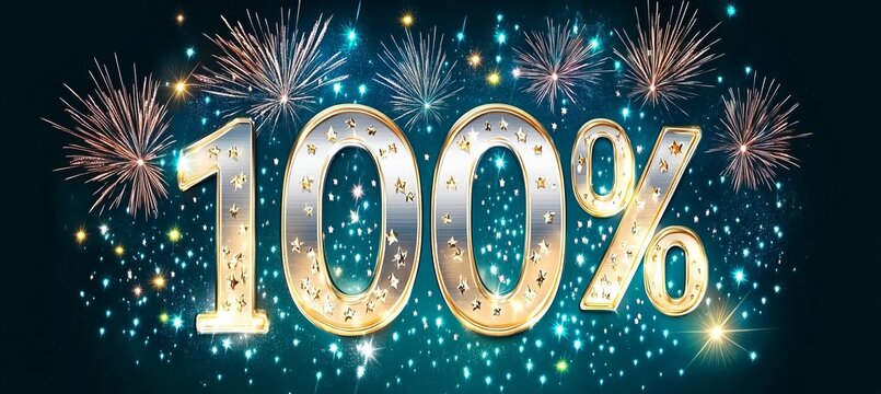 Shiny 3D Metallic 100 Percent Sign Decorative Text On Beautiful Teal Background With Explosive Pyro.
