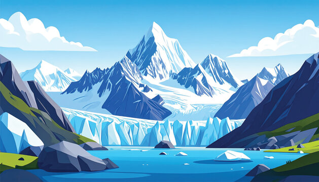 Mountain range with glacier and water.
