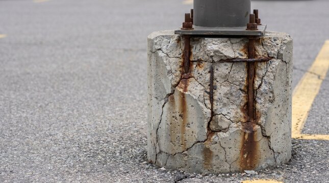 Abstract close-up of spalled concrete light pole base with rusted anchor bolts in retail plaza parking lot