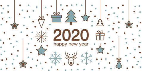 Happy New Year 2020 greeting card vector with minimal hanging Christmas ornaments reindeer stars snowflake and confetti elements © Sayed