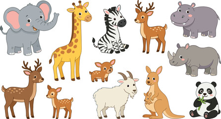 Obraz premium Cute Safari and Wildlife Animal Cartoon Collection Featuring Elephant Giraffe Zebra Deer Hippopotamus Rhinoceros Goat Kangaroo Panda and Baby Animals Vector Illustration
