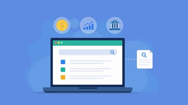 Animated flat vector dashboard on a laptop screen featuring financial metrics, business growth analytics, and banking management icons. Modern fintech and performance monitoring concept.