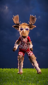 Funny Moose Goalkeeper on Grass Field with a Dramatic Sky on Background - 3D Render