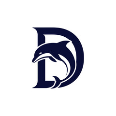 Fototapeta premium Letter D logo design with a jumping dolphin silhouette.