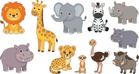 Cute Safari Animal Cartoon Collection Featuring Lion Giraffe Elephant Zebra Rhinoceros Hippopotamus Cheetah Meerkat Ostrich and Warthog Vector Illustration © MdNazmul