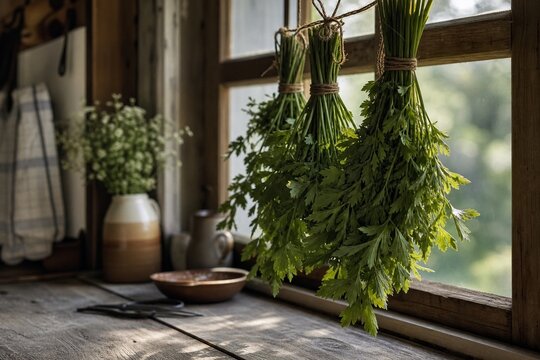 Rustic kitchen windowsill with bundles of drying lovage herbs on a wooden surface in soft afternoon light.