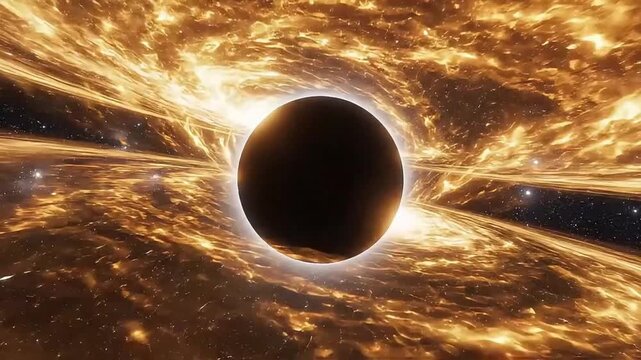 Cinematic 3D rendering of a massive black hole with glowing golden accretion disk