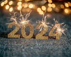 Obraz premium Sparkles And Golden Shiny Number 2024 Celebration Festive Concept Decoration On Dark Blurred Bokeh