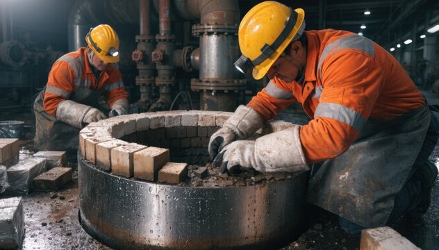 Skilled workers carefully replace damaged refractory bricks inside a large steel ladle ensuring heat resistance and durability during hightemperature metal processing.