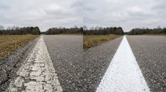 Split frame comparison of worn and newly restriped reflective road edge line on two lane asphalt under overcast sky